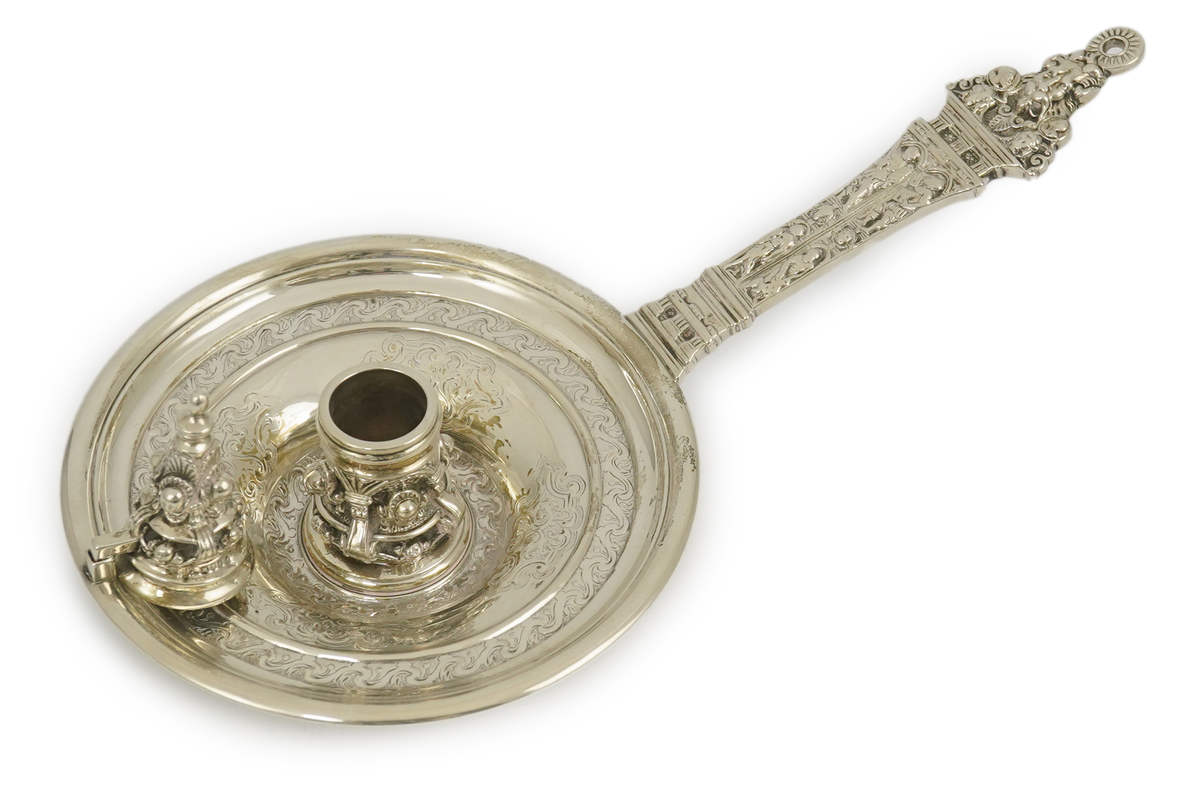 An ornate Victorian silver Renaissance revival chamber stick, by George Fox